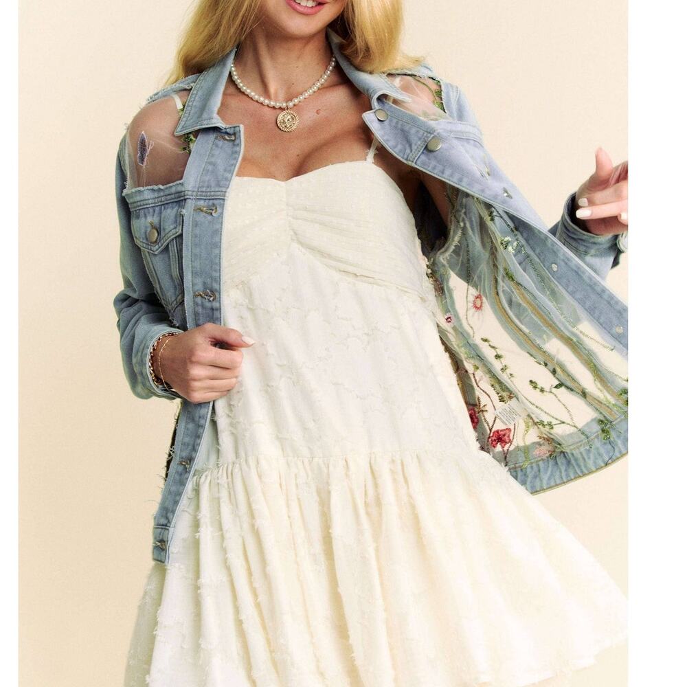 Denim Jacket Floral Embroidery Mesh Sheer Panel Button-Front